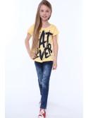 Girls\' blouse with short sleeves and an inscription, yellow NDZ81690 - Online store - Boutique